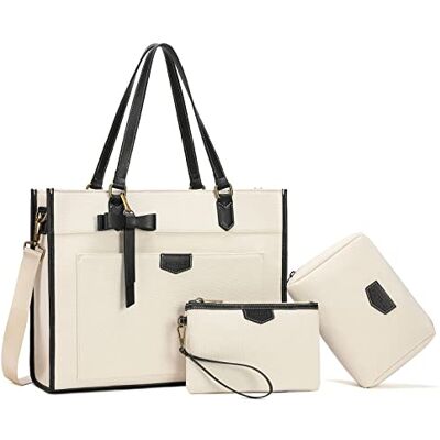 Keyli 3 STKS Laptop Tas Voor Vrouwen Canvas Tote Tassen 15.6 inch Grote Capaciteit Schouder Handtas Lichtgewicht Aktetas Portemonnees, Wit_3 stuks Keyli 3 STKS Laptop Tas Voor Vrouwen Canvas Tote Tassen 15.6 inch Grote Capaciteit Schouder Handtas Lichtgewicht Aktetas Portemonnees, Wit_3 stuks