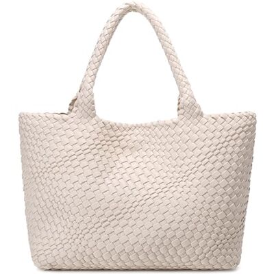 Queenoris Geweven damestas, modieuze schoudertas met handvat en schouderriem, veganistisch leer, grote reistas, Beige, Medium Queenoris Geweven damestas, modieuze schoudertas met handvat en schouderriem, veganistisch leer, grote reistas, Beige, Medium