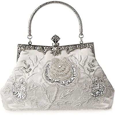 DA BODAN Vrouwen Vintage bloemen strass kralen-borduurwerk handtas met pailletten, crossbody tas avond-handtas voor bruiloftsfeest of bal, zilver, 22cm*21cm DA BODAN Vrouwen Vintage bloemen strass kralen-borduurwerk handtas met pailletten, crossbody tas avond-handtas voor bruiloftsfeest of bal, zilver, 22cm*21cm