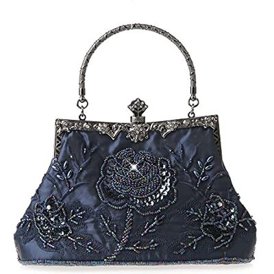 DA BODAN Vrouwen Vintage bloemen strass kralen-borduurwerk handtas met pailletten, crossbody tas avond-handtas voor bruiloftsfeest of bal, Donkerblauw, 22 * 21cm DA BODAN Vrouwen Vintage bloemen strass kralen-borduurwerk handtas met pailletten, crossbody tas avond-handtas voor bruiloftsfeest of bal, Donkerblauw, 22 * 21cm