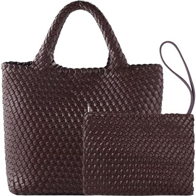 JINMANXUE modieuze geweven shopper, reistas en handtas voor dames, ruime tote bag, schoudertas met grote capaciteit, Koffie, Large JINMANXUE modieuze geweven shopper, reistas en handtas voor dames, ruime tote bag, schoudertas met grote capaciteit, Koffie, Large
