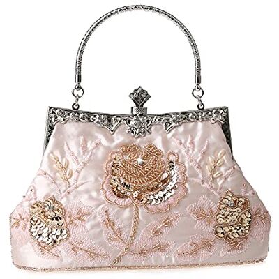 DA BODAN Vrouwen Vintage bloemen strass kralen-borduurwerk handtas met pailletten, crossbody tas avond-handtas voor bruiloftsfeest of bal, roze, 22cm*21cm DA BODAN Vrouwen Vintage bloemen strass kralen-borduurwerk handtas met pailletten, crossbody tas avond-handtas voor bruiloftsfeest of bal, roze, 22cm*21cm
