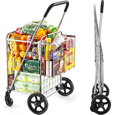 Wellmax Winkelwagen met wielen, metalen boodschappenwagen met wielen, winkelwagentje voor boodschappen, vouwwagen voor handige opslag en houdt tot 65 pond, dubbele zwenkwielen en extra mand, zilver Wellmax Winkelwagen met wielen, metalen boodschappenwagen met wielen, winkelwagentje voor boodschappen, vouwwagen voor handige opslag en houdt tot 65 pond, dubbele zwenkwielen en extra mand, zilver