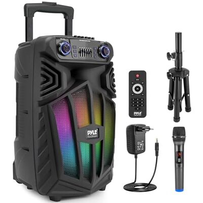 Pyle 1680W Draagbare Bluetooth Party Speaker met Microfoon en LED Verlichting – PA Luidsprekersysteem met Subwoofer,USB SD FM Radio,Oplaadbare Batterij en Wielen voor Feest, Karaoke en Outdoor Gebruik Pyle 1680W Draagbare Bluetooth Party Speaker met Microfoon en LED Verlichting – PA Luidsprekersysteem met Subwoofer,USB SD FM Radio,Oplaadbare Batterij en Wielen voor Feest, Karaoke en Outdoor Gebruik