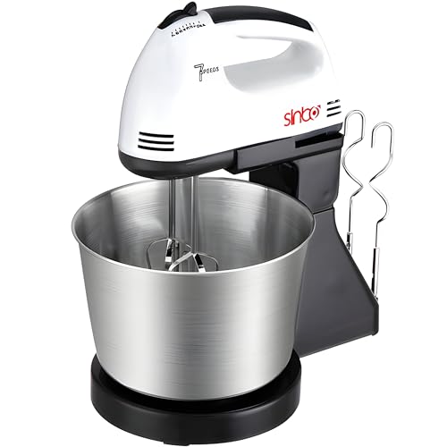 Retoo Handmixer met kom, handmixer, eierstok, 100 W, 220 V, 7 standen, licht, stil, handmixer, turboknop, roermixer, garde, snelheidsschakelaar, kneedhaak, wit, zilver