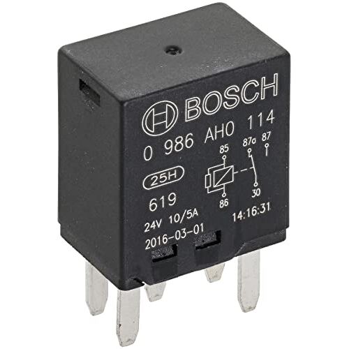 Bosch 0986AH0114 Mini-relais 12 V, 10 A, 5 eindapparaten, temperatuurbestendig van -40 tot 85 °.