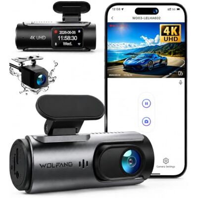 WOLFANG Dashcam Auto Voor Achter 4K WiFi Dashcam, Ultra Nachtzicht, 170° Groothoek, WDR, 24-uurs parkeermodus, G-sensor, Loop Recording WOLFANG Dashcam Auto Voor Achter 4K WiFi Dashcam, Ultra Nachtzicht, 170° Groothoek, WDR, 24-uurs parkeermodus, G-sensor, Loop Recording