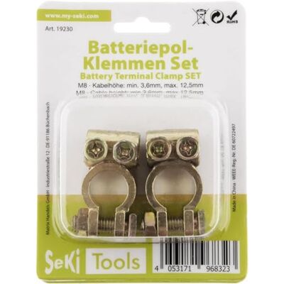 SeKi 19230 Polenklemmenset (plus en min) geschikt voor auto, boot, camper, vrachtwagenaccu accupoolklemmen universeel, messing SeKi 19230 Polenklemmenset (plus en min) geschikt voor auto, boot, camper, vrachtwagenaccu accupoolklemmen universeel, messing