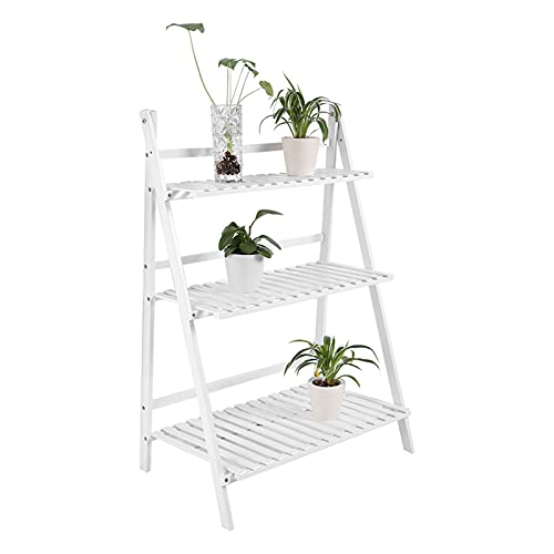 AYNEFY Bloemenstandaard, balkon-plantentrap, bamboehout, 3 niveaus, bloemenrek, plantenstandaard, bloementrap voor buiten, plantenrek voor balkon, tuin, woonkamer, 70 x 40 x 96 cm (wit)