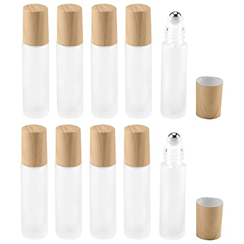 Enenes Glazen Roll On Fles met Bamboe Deksel voor Essentiële Oliën, 10 Pack 10 ml Frosted Glass Roller Flessen, Hervulbare Heldere Parfum Monsterflessen met RVS Roller Ball (Frosted Clear)