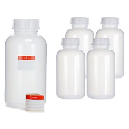 Octopus 5 x 2000 ml flessen met brede hals van LDPE met schroefdop, lege 2 liter chemische caliënflessen, laboratoriumflessen met deksel als bewaardoos voor laboratorium, keuken of hobby