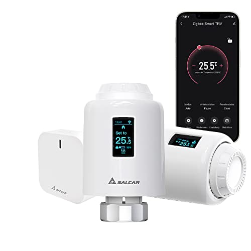 SALCAR Slimme radiatorthermostaat-set, compatibel met Amazon Alexa en Google Assistant, programmeerbare thermostaat met oled-display, Tuya ZigBee slimme radiator