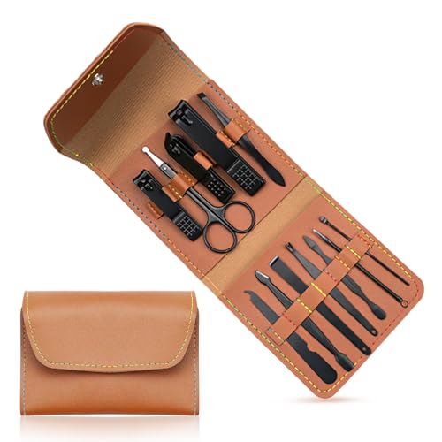 DHSWNNG Manicure set, pedicure nagelschaar, 12-delig, roestvrij staal, nagelset met PU lederen tas, draagbare nagelverzorgingsset voor op reis, nagelverzorgingsset voor dames en heren (zwart)