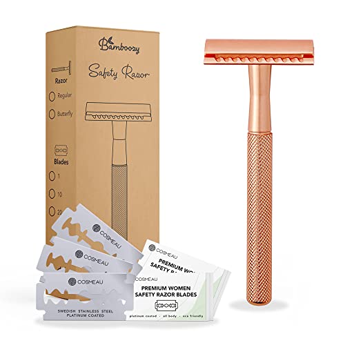 Bamboozy Safety Razor RVS + 20 scheermesjes Rose Gold Goud voor vrouwen dames Double Edge Single Blade Zero Waste Duurzaam Scheermesje