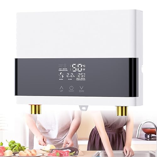 URJWAN Kleine Elektrische Doorstroomverwarmer, Onderbouwwaterverwarmer, Elektrische Waterverwarmer Met Constante Temperatuur Met Digitaal Display, Klein Formaat, Snelle Waterafvoer,White-110V