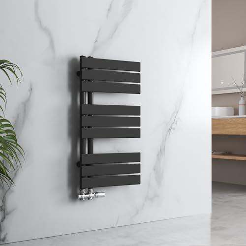 EMKE Badkamerradiator 762 x 400 mm, handdoekradiator, zijaansluiting, handdoekverwarmer, kleine handdoekdroger, badkamerradiator, handdoekhouder, plat voor water, 342 W, zwart