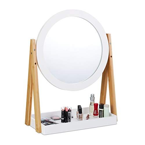 Relaxdays make up spiegel, van bamboe en mdf, draaibaar, met vakje voor make-up, tafelspiegeltje, ∅ 32,5 cm, wit-natuur