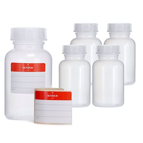 Octopus 5x 250 ml flessen van LDPE met brede hals met schroefdop, lege chemiefles, laboratoriumflessen met deksel als opbergvak voor laboratorium, keuken of hobby