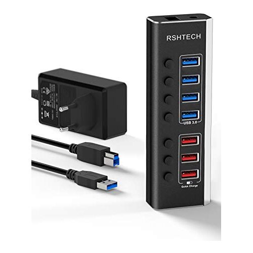 RSHTECH Aluminium USB 3.0-hub, 36W (12V/3A) Voeding, 7-Poorts USB 3.0, Snel Opladen en Gegevensoverdracht (4 USB 3.0-Poorts voor Gegevensoverdracht, 3 Snellaadpoorts) met Aparte Schakelaar, RSH-A37