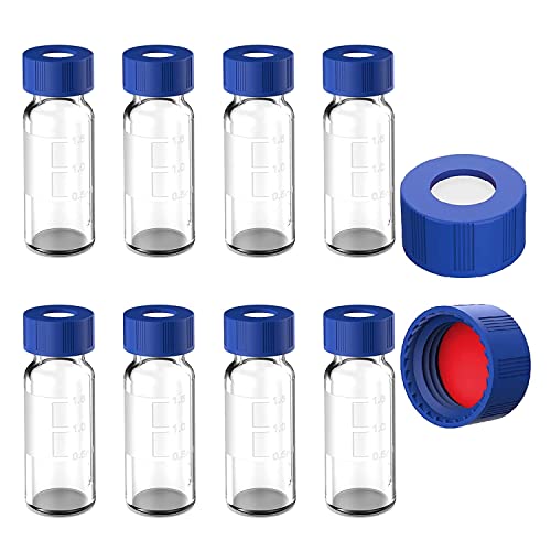 Puooifrty 2ML Autosampler Flesjes Pack van 100 HPLC Flesjes 9-425 Duidelijke Flesjes met Blauwe Schroefdoppen, Rood Wit Septa