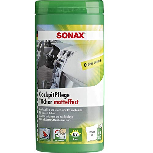 SONAX Cockpitverzorgingsdoekjes mat effect Green Lemon Box (25 stuks) reinigen, onderhouden en beschermen alle kunststof onderdelen, hout en rubber met geen citroengeur   art.nr. 04128000