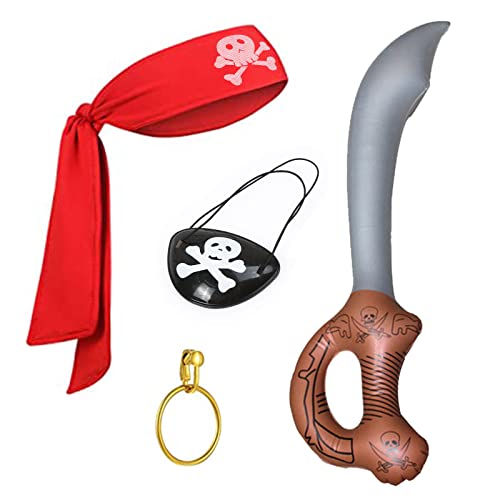 TSHAOUN 4 stuks piratenkostuumaccessoireset, kerstpiratenfeestaccessoires, piratenkostuum accessoireset, Halloween piraten-feestaccessoires, oogklep, halsdoek, ring, opblaasbaar mes