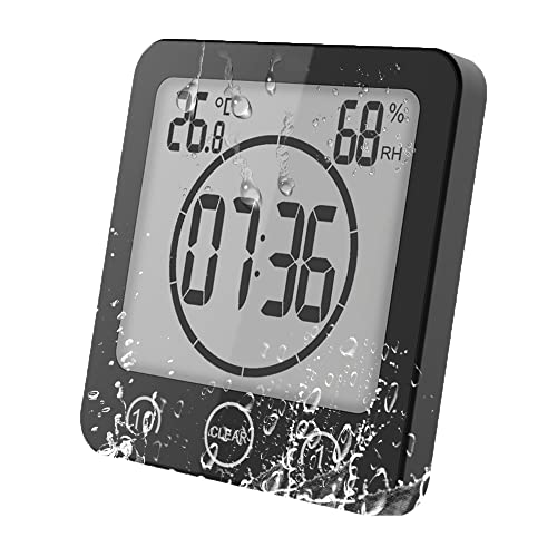 VORRINC Badkamerklok, badkamerklok met zuignap, waterdicht, aanraakbediening, °C/°F, luchtvochtigheid, temperatuur, lcd-display, afteltimer, 3 montagemethoden (zwart)