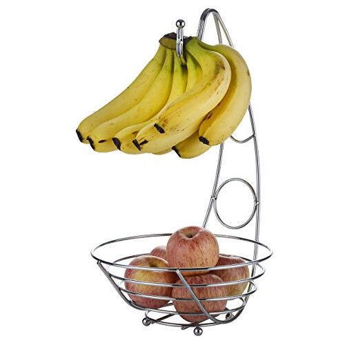 Exzact Fruitmand Fruitschaal met bananenhaak 43cm hoog, bedraad fruitrek/banna-standaard hanger zilverachtig chroomafwerking