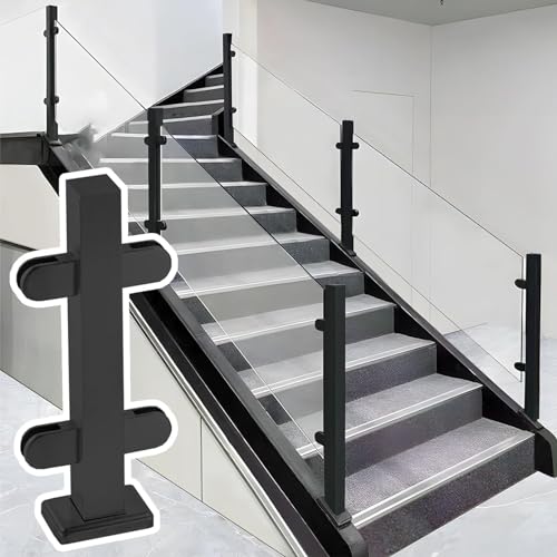 NUNETH Glazen Balustrade Post Zwarte Glazen Balustradeklem voor Trappen, Terrasdekglas Ondersteunt Balustradesysteem, de Vierkante Post van Glastraliewerkpanelen, 60-120 Cm Hekleuning (Color : Black Mid P