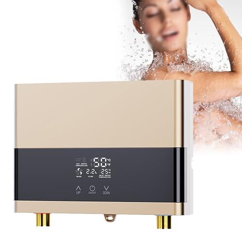 URJWAN Elektrische Waterverwarmer, Warmwaterverwarmer, Huishoudelijke Keuken En Badkamer Doorstroomverwarmer, Roestvrijstalen Tankloze Waterverwarmer Voor Keuken Badkamer Douche,Gold-220V