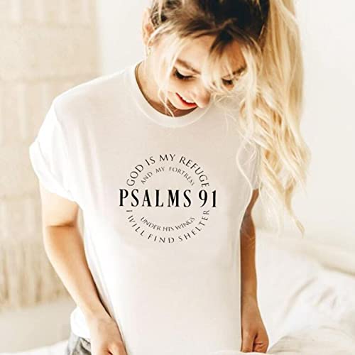 DRSG God Is Mijn Toevluchtsoord Psalmen 91 Christelijke T-shirts Vrouwen Bijbel Zeggen Kleding Religieuze T-shirt Katoen Plus Size Shirt Inspirational-wit, M