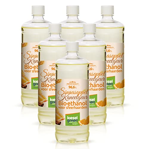 KieselGreen Bio-ethanol 6 x 1 liter met geur voor ethanolhaard, vele soorten bio-ethanol als kamergeur in vele geurnoten parfum voor bio-ethanol open haard binnen of bio-ethanol tafelvuur (or/kaneel)