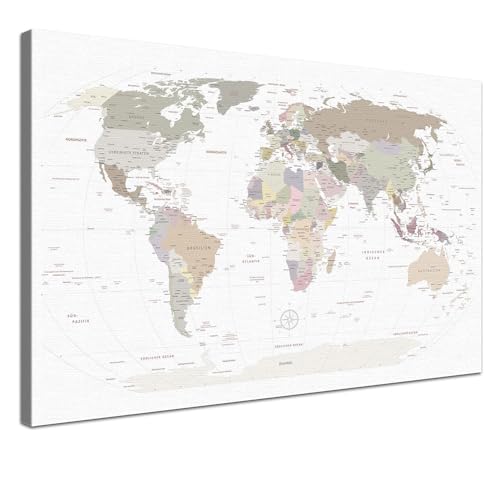 LANA KK Wereldkaart prikbord als canvas om reizen te prikkelen "wereldkaart wit" Duits landkaart wandafbeelding wereldbol in wit, 100 x 70 cm