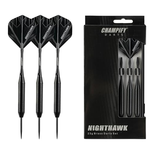 Champify * Nighthawk Set dartpijlen van messing met stalen punt, 3 dartpijlen met 6 schachten en flights, incl. andere accessoires, dartpijlen met stalen punten, ideaal voor beginners