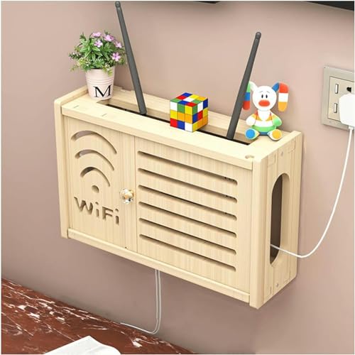 DHUILG Wandgemonteerde massief houten draadloze router opbergdoos, tv onderste rij socket occlusiedoos draadloze wifi-router plankbeheer sorteren afscherming opbergplank