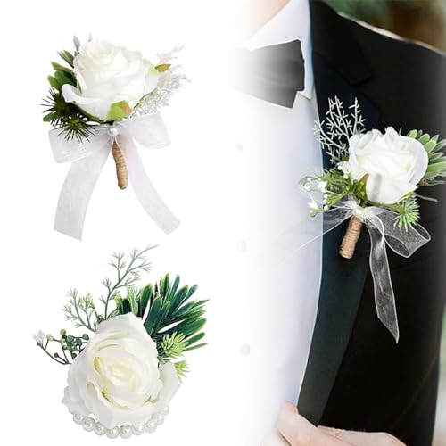 通用 Corsages voor Bruiloft, 1 Set Corsages en Pols Bloem, Corsages Bruid, Corsages Bruidegom, Kunstroos Corsages Roos voor Bruiloften, Banketten, Verjaardagsdata,Feestdecoratie (Wit)