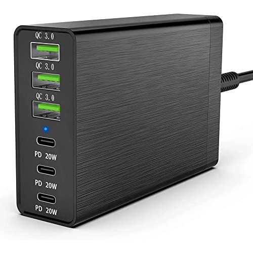 Jikoiuty 96 W desktoplaadstation met 6 poorten, 3 USB-C-poorten en QC3.0-poorten, EU-stekker