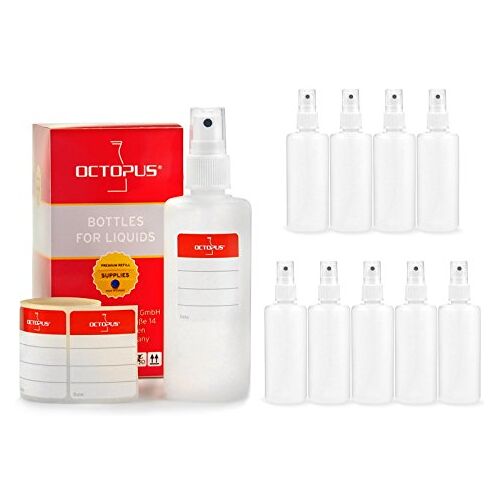 Octopus 10 x 100 ml sprayflessen met verstuiver, plastic flessen met pompverstuiver, kunststof flessen van HDPE met verstuiver, incl. beschrijfbare etiketten