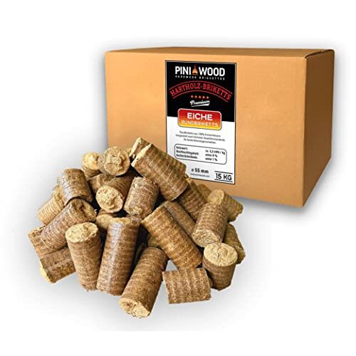 PINI Harthoutbriketten 100% eiken, 15 kg, open haard, brandhout, grill, eikenbriketten, briketten met lange brandduur