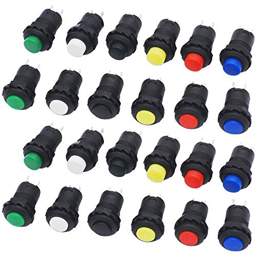 GTIWUNG 24 stuks 12 mm drukknop met vergrendeling, zelfblokkerende aan/uit-knoppen, push-knopschakelaar, mini-drukknopschakelaar, rond, rood/groen/geel/blauw/zwart/wit