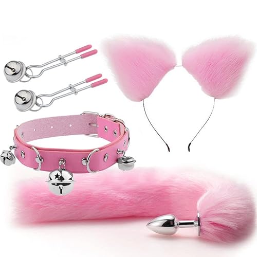 CIONIC Anaal Plug Staart Anale Plug Oren Hoofdbanden Set Volwassen Spelletjes Clip Hals Kraag Erotische Cosplay Seksspeeltjes Paar (pink3)