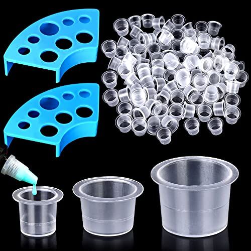 Vegena Ink Cups Wegwerp, 300 stuks tattoo-kleurdoppen, cups, kunststof verfhouder, kleine kleine kleine inkt-pigmentcups (15 mm, wit) (met 2 bekerhouders)