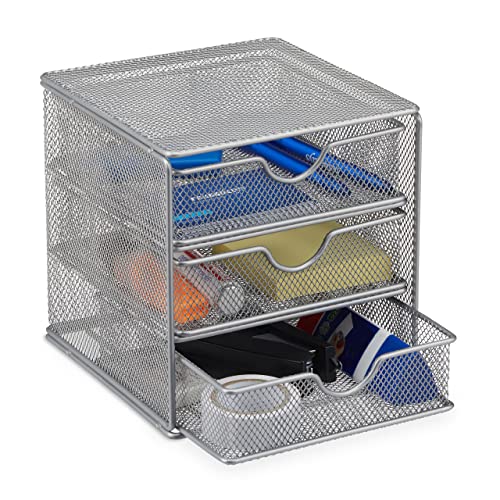 Relaxdays bureau organizer, 3 lades, metaal, gaas, HxBxD: 17 x 16 x 17 cm, opslagsysteem voor kantoorartikelen, zilver