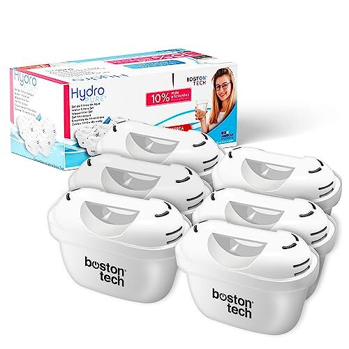 Boston Tech 6 Hydro Pure + Cartridges, waterfilter compatibel met Brita Maxtra en Maxtra + kannen, (12 maanden, 6 x 60 dagen per filter), vermindert kalkaanslag, chloor en microplastics