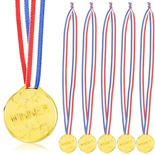 SHINEOFI 50 Stuks Gouden Medailles Met Lint Kettingen Plastic Medailles Concurrentie Medailles Prijzen Voor Sport Concurrentie Games Gymnastiek Verjaardagsfeestje Gunsten