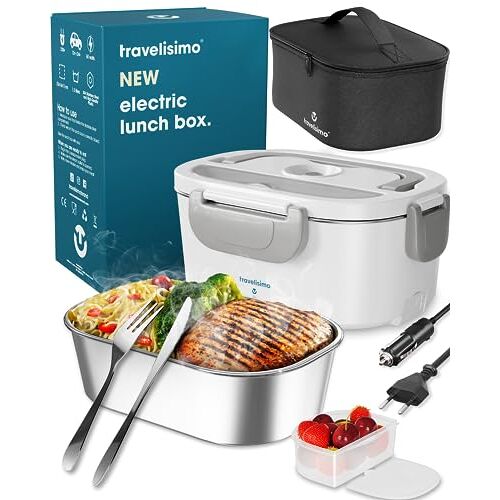 TRAVELISIMO Elektrische Lunchbox Voedselverwarmer 3 in 1 80W Draagbare Voedselwarmer voor Auto, Truck, Thuis en Werk 12V+24V+220V met 1,5L Verwijderbare Roestvrijstalen Voedselverwarmer Container