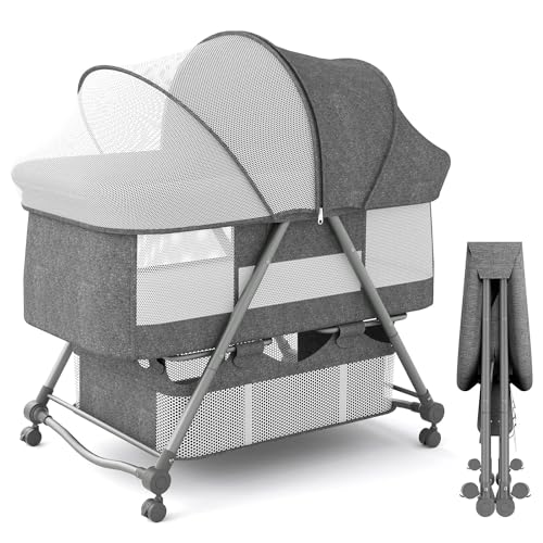 BESTXH Baby Bassinet Portable Folding Rocking Bassinet for Baby 2-in-1 Rocking Cradle Quick-Fold Bassinet for Newborn Infant Crib Toddler Bassinet with Storage Basket and Travel Bag,B