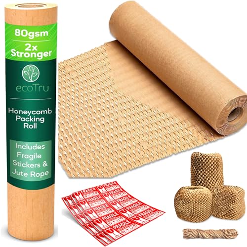 ecotru Honingraatpapier verpakkingsmateriaal, noppenfolie eco alternatief voor verhuizing, verpakkingspapier en opvulmateriaal voor pakketten, papieren bubbeltjesplastic, Bubble Wrap verpakking rolle