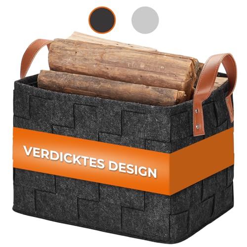 yamagahome Houten mand voor brandhout, groot, opvouwbare gevlochten brandhoutmand, brandhoutmand met lederen handvat, brandhoutmand voor brandhout, hout, tijdtongen, 40 x 30 x 30 cm, donkergrijs