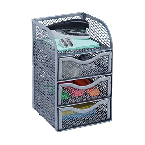 Relaxdays bureau organizer, 3 lades, metaal, HBD 21x12,5x13cm, mesh, opslagsysteem voor kantoorartikelen, zilver